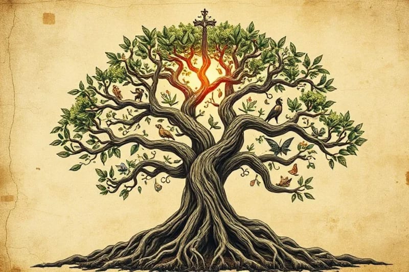 Árbol de la vida estilizado con raíces en la Tierra y ramas hacia el cosmos, lleno de flora y fauna
