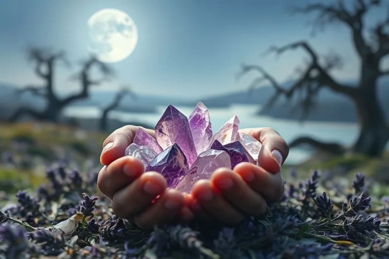 Manos sosteniendo cristales bajo la luz de la luna, con hierbas aromáticas y un altar ritualístico