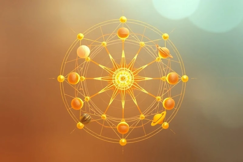 Representación abstracta de la energía fluyendo a través de los chakras, interconectada con símbolos planetarios y un aura vibrante