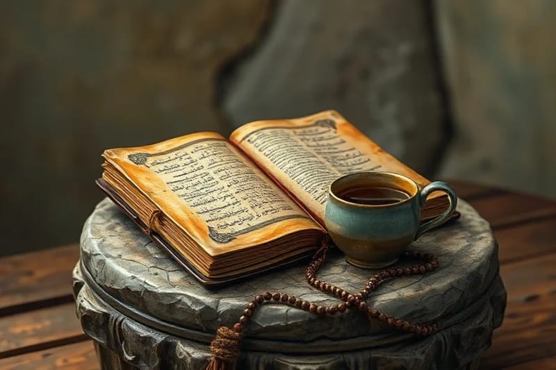 Bodegón conceptual con un diario espiritual, cuentas de oración y una taza de té, simbolizando las prácticas ascéticas diarias.