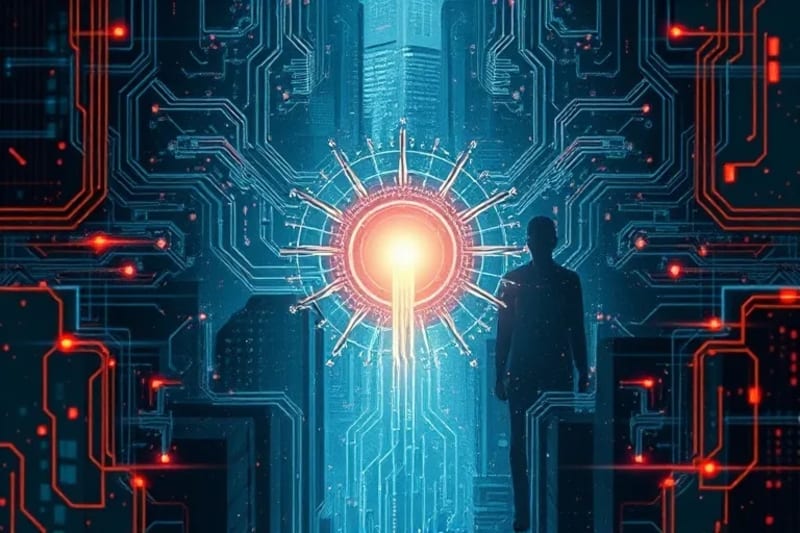 Representación abstracta de luz espiritual emergiendo de una red de circuitos digitales y estructuras urbanas, simbolizando la santidad oculta en la era tecnológica.