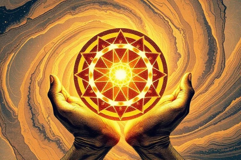 Manos activando un escudo energético con geometría sagrada y luz