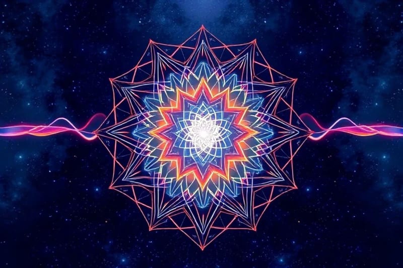 Patrón complejo de ondas sonoras luminosas que se expanden y entrelazan, formando una barrera protectora de energía vibracional.