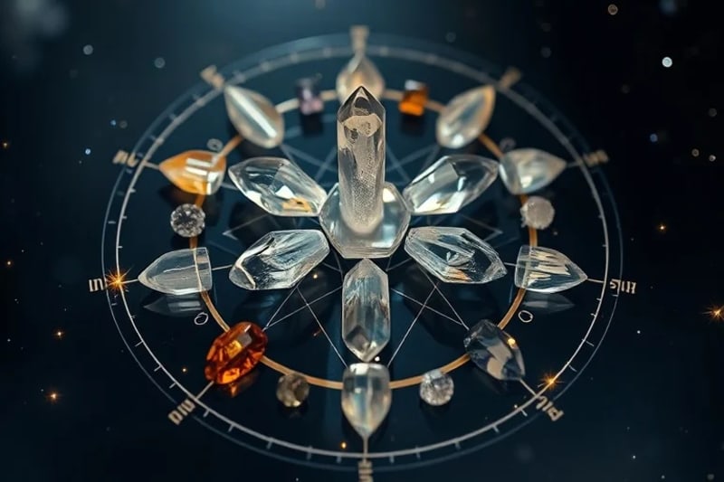 Disposición intrincada de cristales de cuarzo y turmalina negra formando un patrón de geometría sagrada sobre una superficie oscura y reluciente, con destellos de luz que conectan cada pieza.