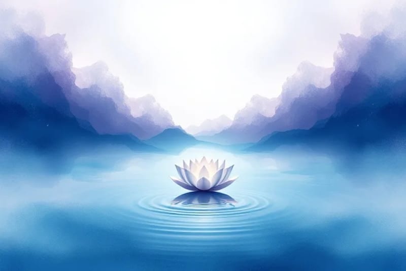A serene watercolor painting depicting deep meditation, with soft washes of indigo, lavender, and teal blending smoothly. A luminous lotus flower or gentle ripple symbolizes awakening and inner calm.