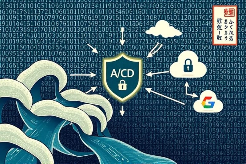 Stylized vector art depicting a secure CI/CD pipeline with code flowing through a shield icon for scanning and deploying to various cloud provider icons, emphasizing continuous security.