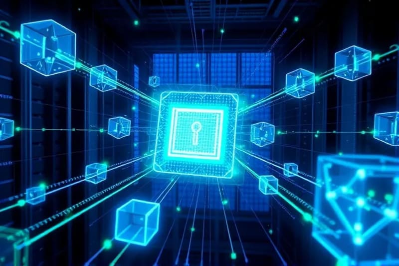 Abstract 3D render of a resilient and protected multicloud architecture with interlocking geometric shapes, glowing security barriers, and a central protected core.