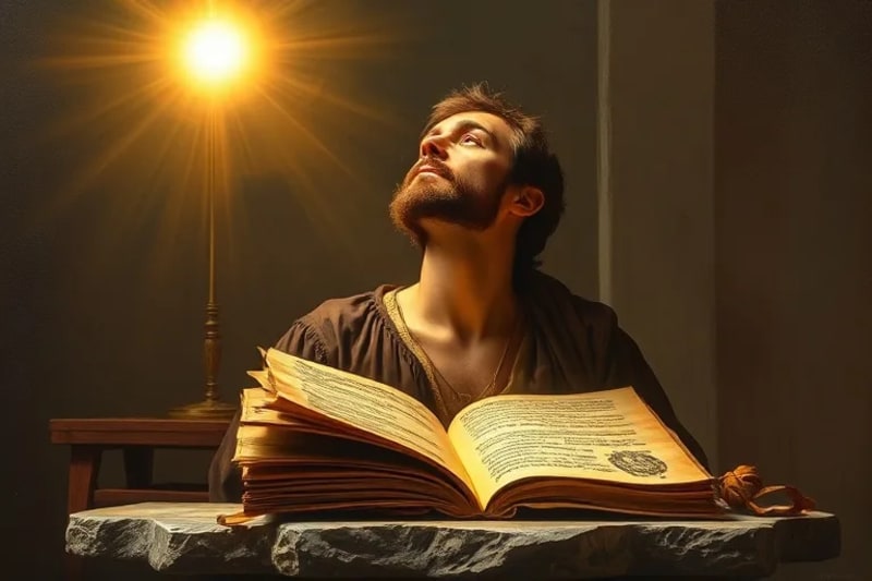 Pintura renacentista de poeta o pintor en éxtasis creativo, luz divina