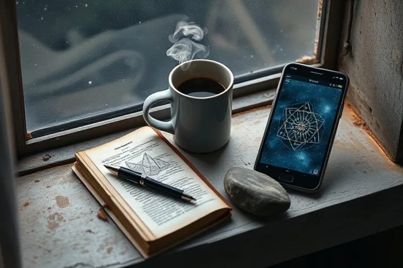 Still life of a journal, pen, coffee mug, and smartphone on a windowsill with subtle glowing patterns.