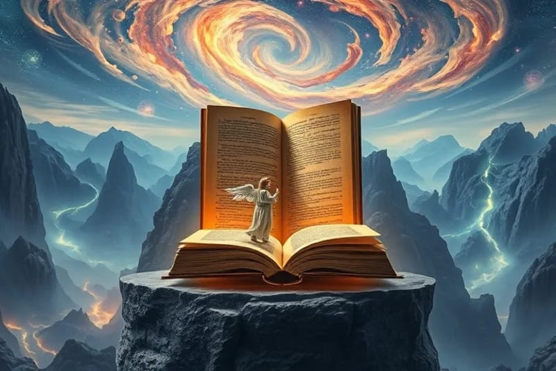 Paisaje surrealista de libros-montañas y ríos de tinta, musas guiando manos creativas