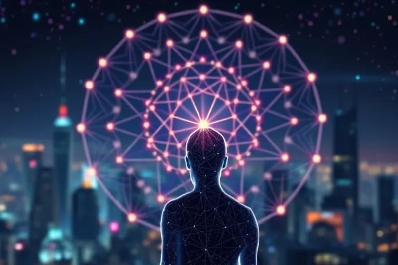 Abstract digital art of glowing, interconnected lines representing urban energy with a translucent human silhouette observing.