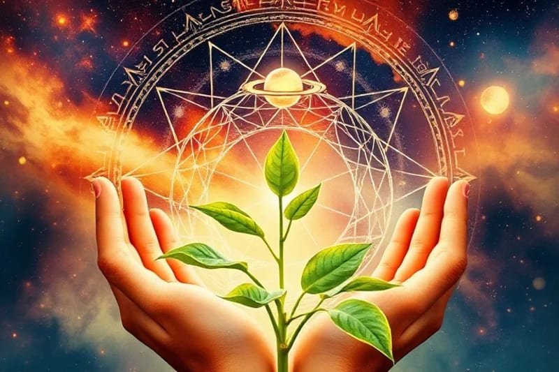 Manos cuidando una planta vibrante con símbolos planetarios sutiles, representando la conexión entre el ser humano, la naturaleza y el cosmos.