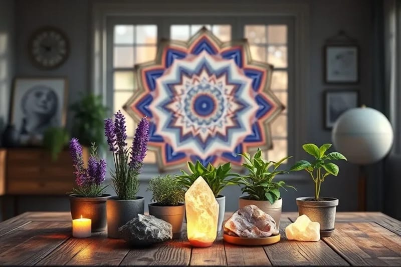 Arreglo de plantas maestras en macetas con cristales energéticos como amatista y cuarzo, sobre una mesa de madera, con cartas astrológicas de fondo.