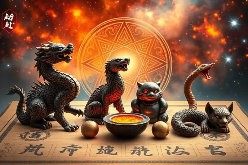 Interacción de animales zodiacales y elementos chinos