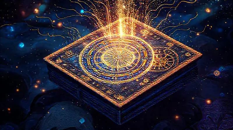 Holographic tarot and astrological symbols emerging from an ancient scroll