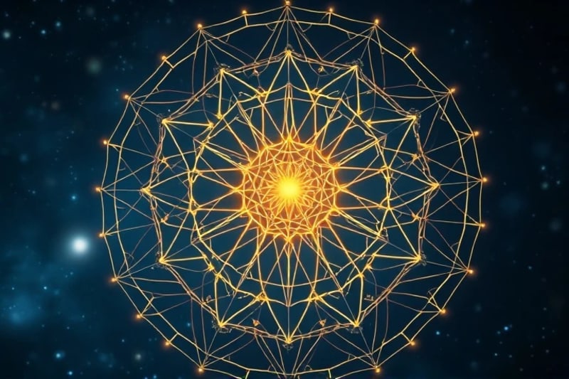 Interconnected light threads forming a complex web, symbolizing collective consciousness
