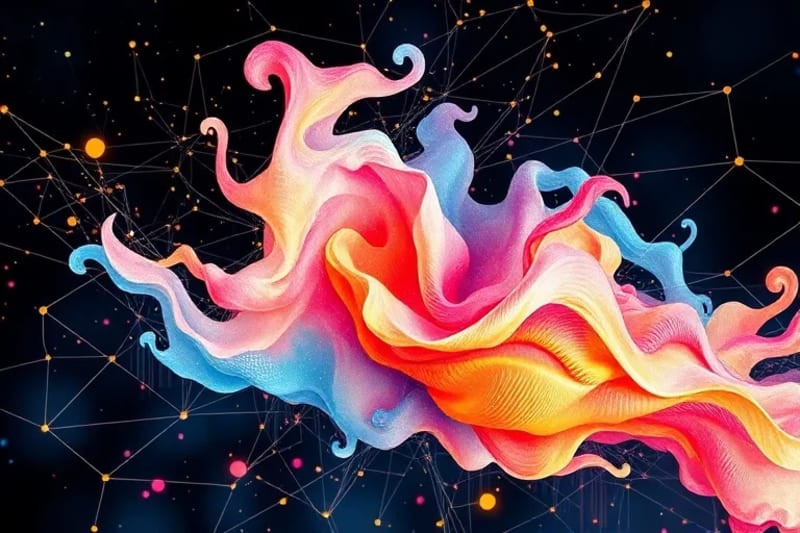 Ilustración acuarela de un algoritmo de IA creando arte, con colores vibrantes y formas geométricas emergiendo de líneas digitales, simbolizando la creatividad computacional.