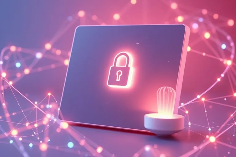 Render 3D de un libro mayor de blockchain estilizado entrelazado con un lienzo de arte digital, un candado brillante simboliza la protección de la propiedad intelectual y las firmas digitales.