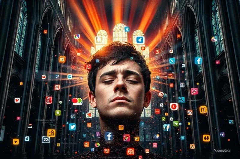 Persona abrumada por iconos digitales y notificaciones