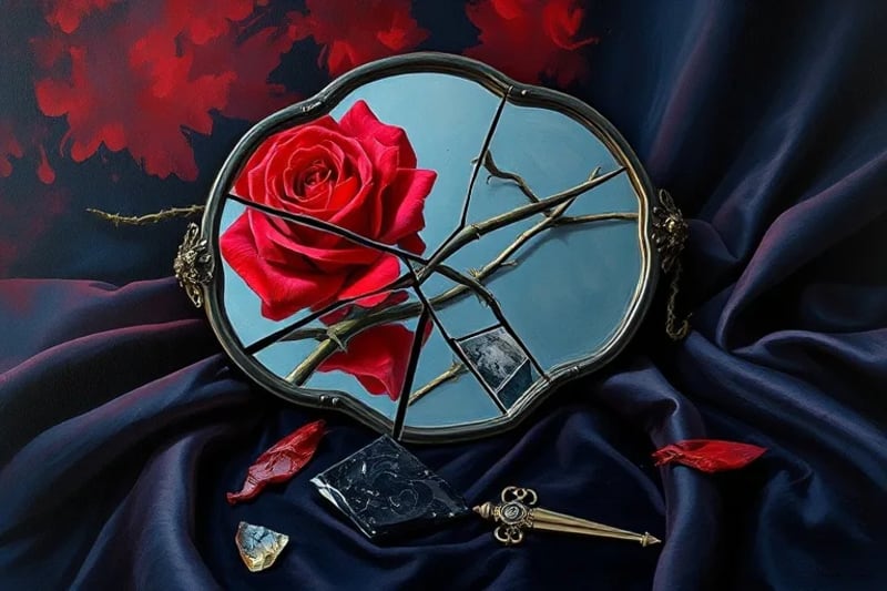 A broken mirror reflecting fragmented images of a red rose and a thorny vine, symbolizing fractured self and hidden pain in relationships.