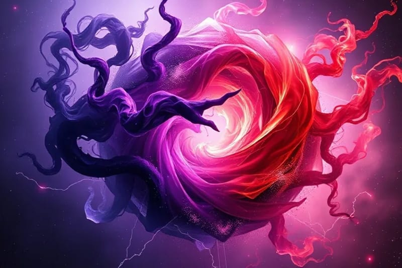 Abstract 3D render of intertwined energetic currents, dark and luminous, merging within a crystalline structure, symbolizing the integration of primal energies.