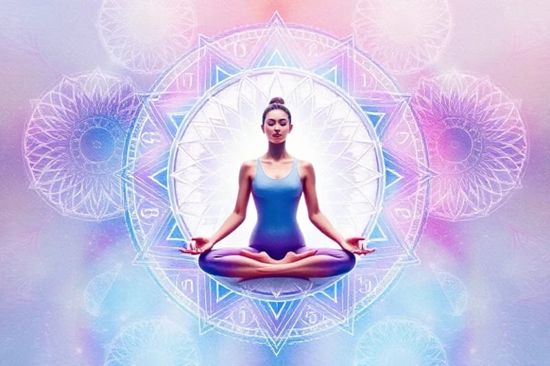 Persona meditando con números y luz a su alrededor