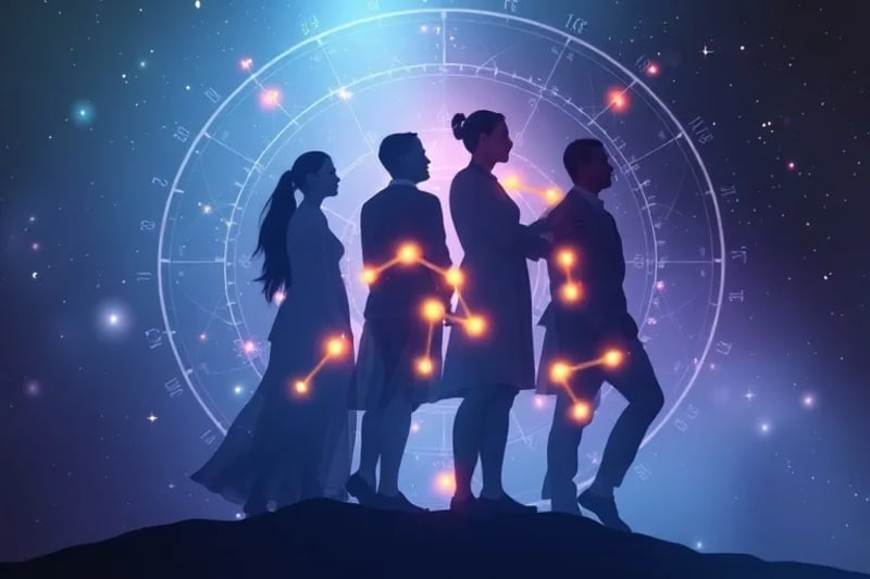 Siluetas translúcidas de personas de diferentes épocas conectadas por hilos de luz, simbolizando la herencia y la evolución generacional.