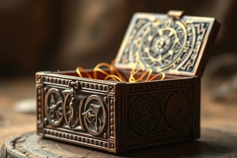 Ancient wooden box with glowing karmic threads