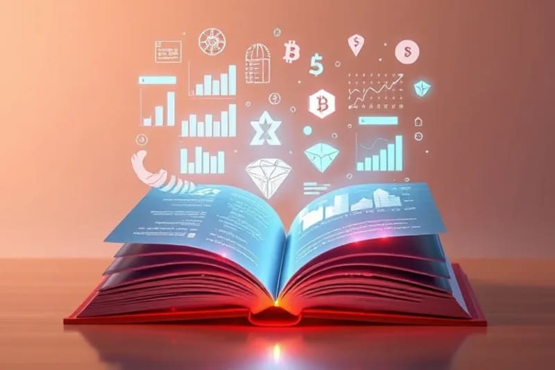 Conceptual illustration of an open book with glowing digital projections of financial data