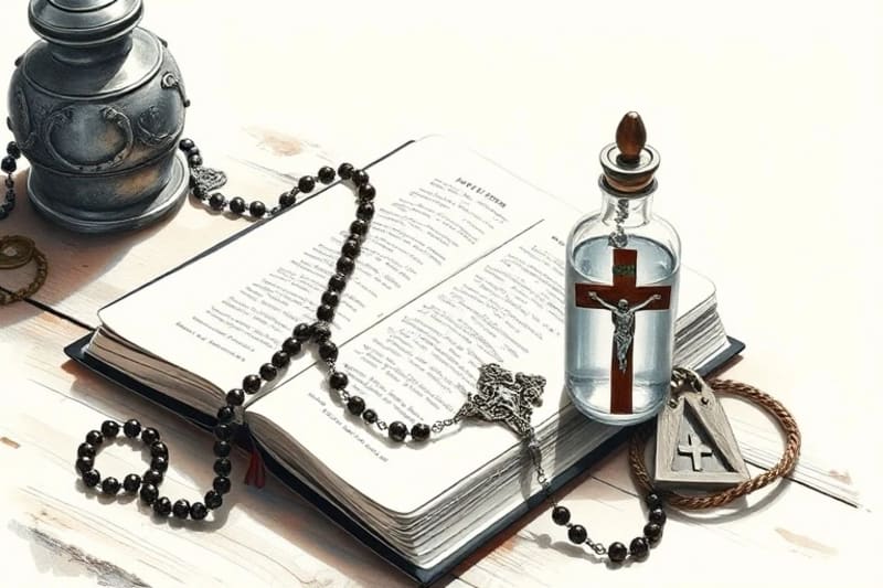 Objetos sacramentales católicos, incluyendo un rosario, una Biblia, agua bendita y un crucifijo, dispuestos sobre una mesa de madera.