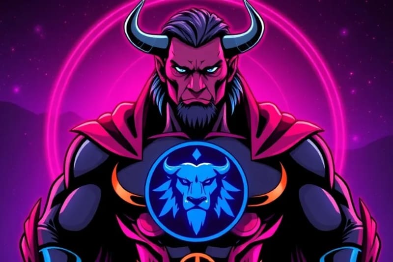 Figura estilizada de un superhéroe con un emblema de león o toro