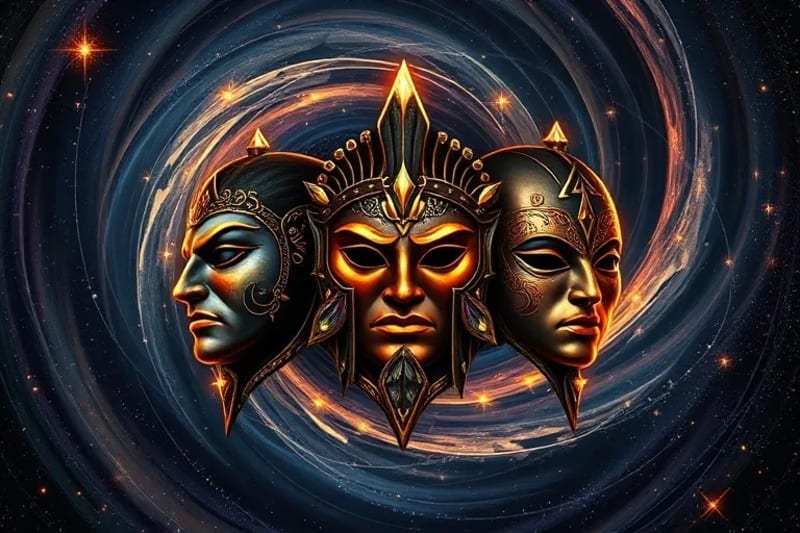 Digital painting of ancient, symbolic masks representing zodiacal archetypes, emerging from a cosmic background.