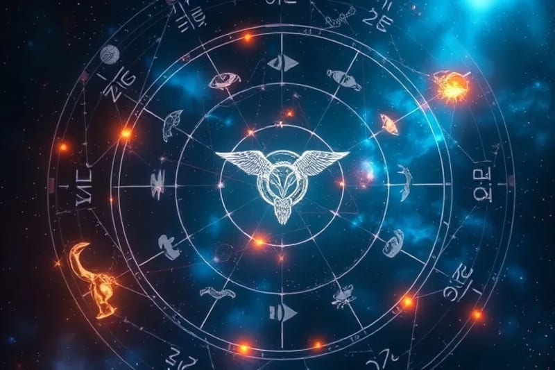 Hilos de luz conectando objetos simbólicos zodiacales a un emblema de héroe