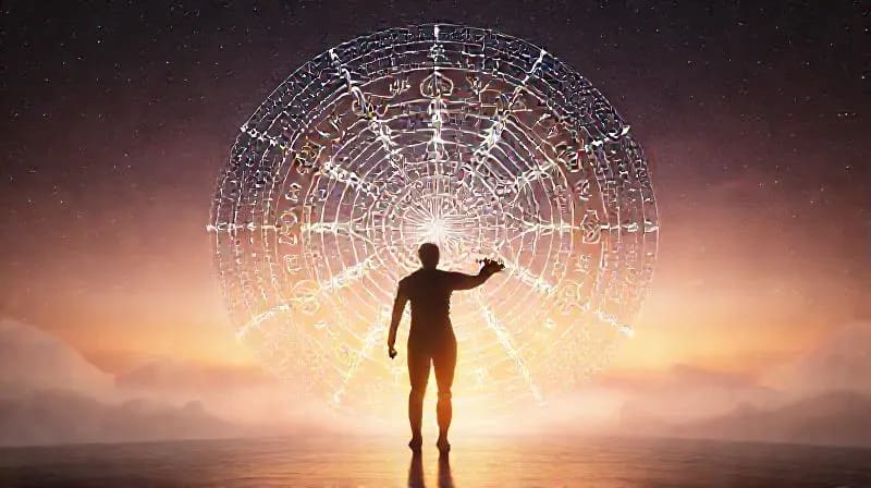 Conceptual 3D render of a human silhouette interacting with a glowing holographic astrological chart, symbolizing self-empowerment.