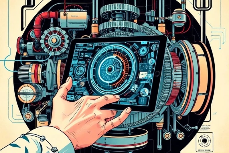 Ilustración de una mano sosteniendo una tablet con interfaz de realidad aumentada sobre una máquina industrial, mostrando datos y diagramas.