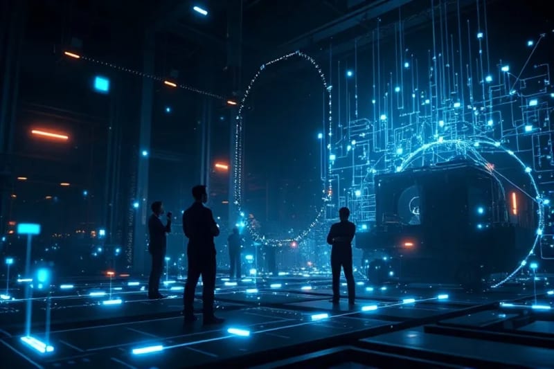 Pintura digital abstracta que representa la interconexión de sensores IoT, inteligencia artificial y figuras humanas estilizadas en un entorno industrial.