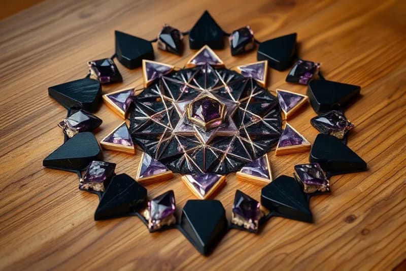 Detalle de cristales de obsidiana y turmalina negra dispuestos en un patrón geométrico, con un suave brillo azulado que sugiere protección energética.
