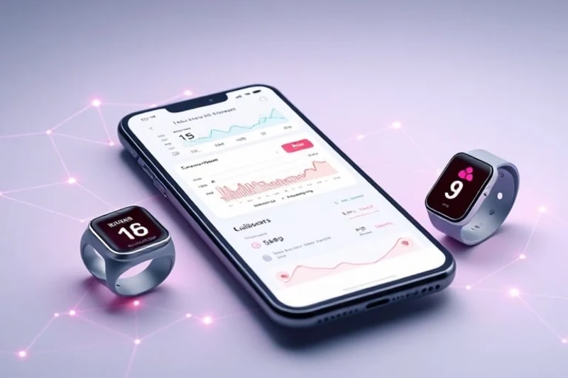 Smartphone displaying health dashboard with various wearable devices connected, showing data integration.