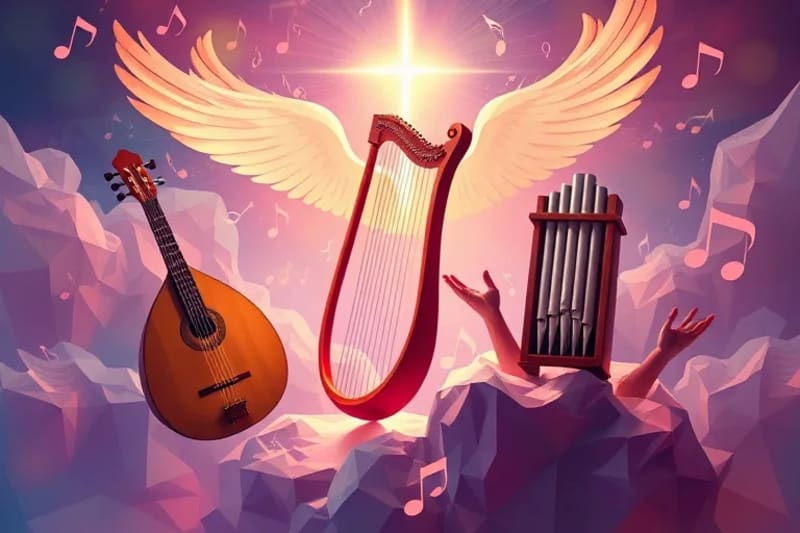 Pintura al óleo de instrumentos musicales celestiales, como un laúd y un arpa, con notas luminosas ascendiendo hacia una luz divina, evocando armonía sagrada.