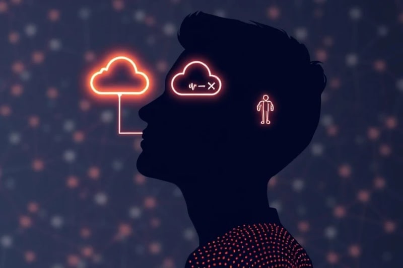 Person's silhouette connected by glowing lines to various health data points and services, symbolizing holistic digital health.