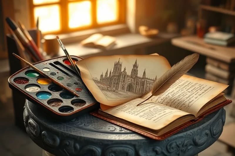 Representación 3D de una paleta de pintor con colores vibrantes, un cuaderno de bocetos abierto con un dibujo de catedral y una pluma de ave sobre un manuscrito antiguo, con luz dorada.