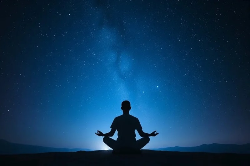 Connecting with cosmic serenity Person meditating under a starry sky, celestial bodies glowing