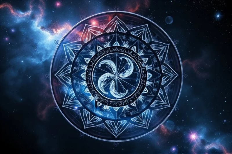 Fragmentos de espejo distorsionados con símbolos zodiacales