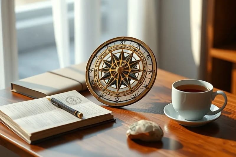 Tools for daily celestial alignment Conceptual 3D render of an astrolabe, journal, and crystal on a desk