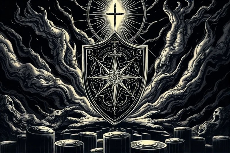 Escudo con geometría sagrada contra energía oscura y luz divina