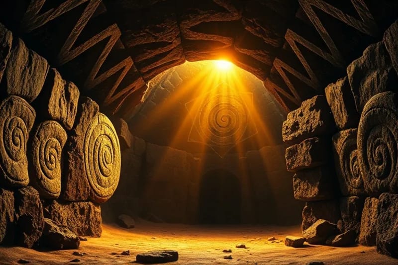 Abstract light beam illuminating ancient carvings