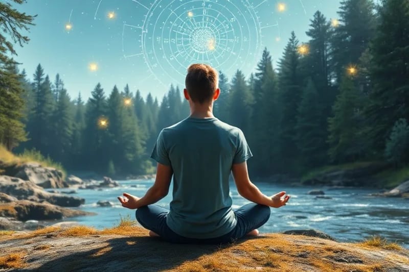 Figura humana meditando en un entorno natural, con líneas de energía que conectan sus manos a la tierra y símbolos astrológicos superpuestos en el cielo, representando la conexión entre el ser y el cosmos.