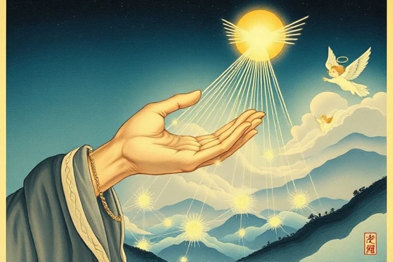 Mano divina guiando hilos de luz hacia naciones, simbolizando paz y cooperación