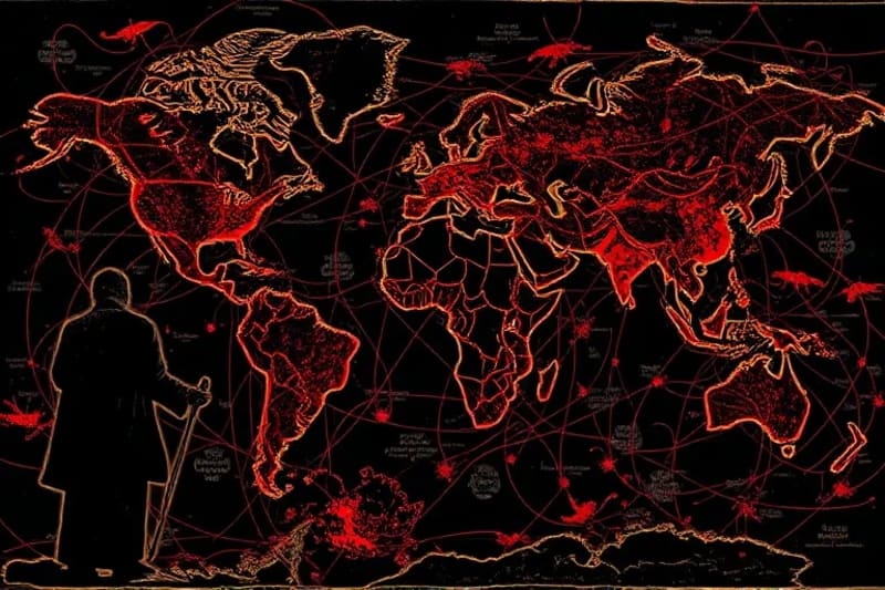Mapa mundial fragmentado con líneas rojas y figuras oscuras, simbolizando conflicto y manipulación