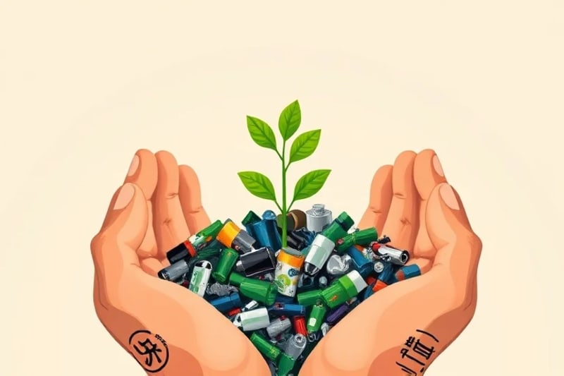 Manos sosteniendo una planta joven que emerge de materiales reciclados, simbolizando la regeneración y el nuevo ciclo de vida en la economía circular.